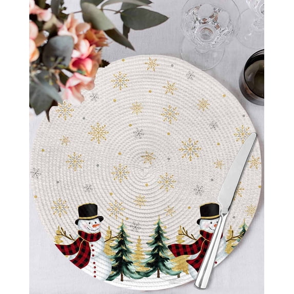 15 Inch Round Placemats Set of 4, Christmas Snowman Non Slip Heat Insulation PP Table Mats, Golden Winter Snowflake Xmas Beige Washable Place Mats for Kitchen Dining Party Table Decor