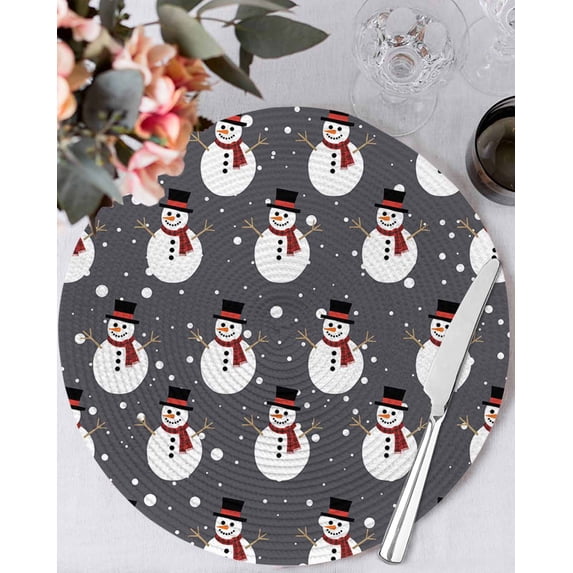 15 Inch Round Placemats Set of 4, Christmas Snowman Non Slip Heat Insulation PP Table Mats, Winter Black Grey Xmas Snow Cute Washable Place Mats for Kitchen Dining Party Table Decor