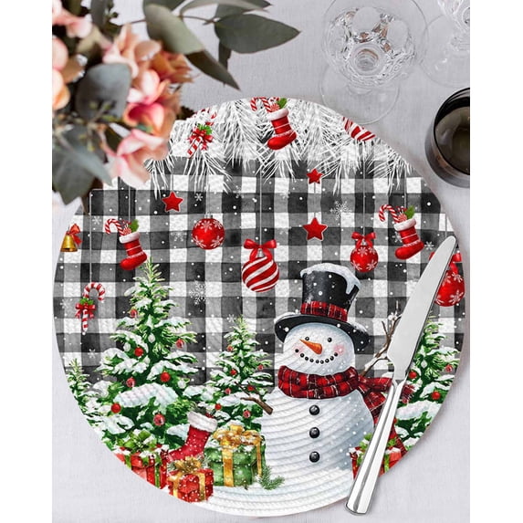 15 Inch Round Placemats Set of 4, Christmas Snowman Non Slip Heat Insulation PP Table Mats, Xmas Balls Stocking Tree Gifts Black Plaid Washable Place Mats for Kitchen Dining Party Table Decor