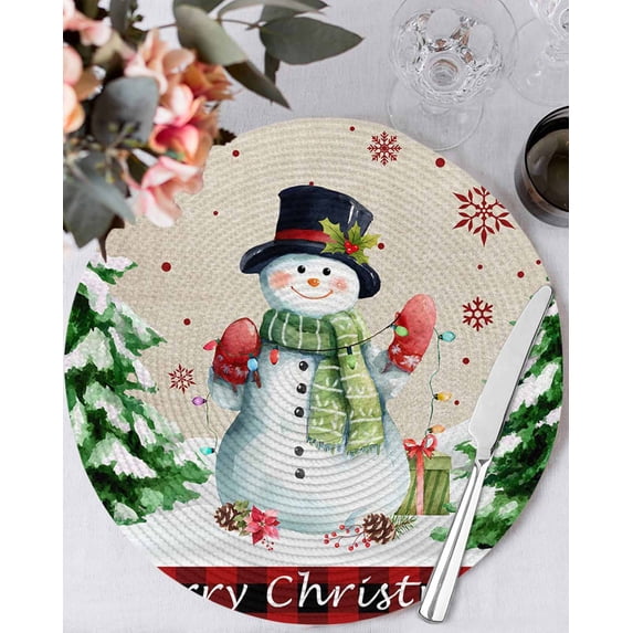 15 Inch Round Placemats Set of 4, Christmas Snowman Non Slip Heat Insulation PP Table Mats, Xmas Tree Snowflake Rustic Winter Washable Place Mats for Kitchen Dining Party Table Decor