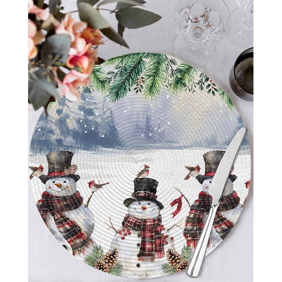 15 Inch Round Placemats Set of 4, Christmas Snowman Non Slip Heat Insulation PP Table Mats, Xmas Winter Watercolor Pine Fruits Tree Washable Place Mats for Kitchen Dining Party Table Decor