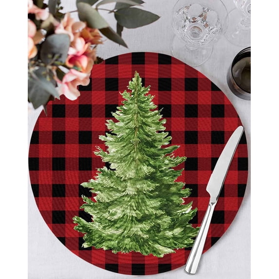 15 Inch Round Placemats Set of 4, Christmas Tree Non Slip Heat Insulation PP Table Mats, Buffalo Plaid Xmas Pine Farmhouse Checker Washable Place Mats for Kitchen Dining Party Table Decor