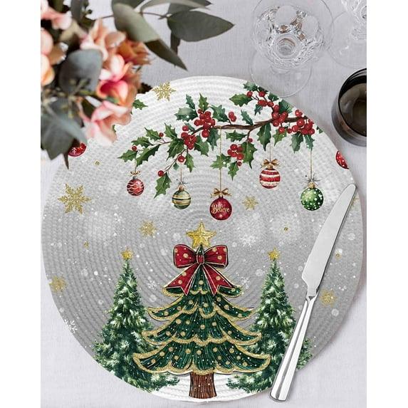 15 Inch Round Placemats Set of 4, Christmas Tree Non Slip Heat Insulation PP Table Mats, Grey Retro Winter Ball Berry Snowflakes Washable Place Mats for Kitchen Dining Party Table Decor