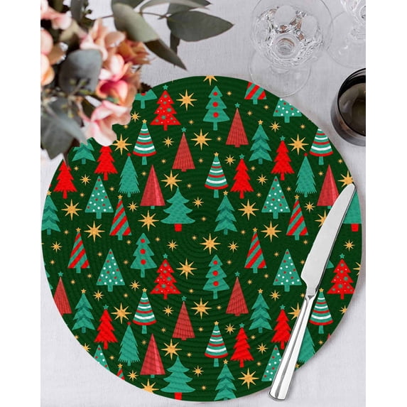 15 Inch Round Placemats Set of 4, Christmas Trees Non Slip Heat Insulation PP Table Mats, Dark Green Xmas Tree Star Winter Holiday Washable Place Mats for Kitchen Dining Party Table Decor