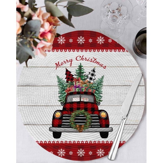 15 Inch Round Placemats Set of 4, Christmas Truck Non Slip Heat Insulation PP Table Mats, Xmas Snowflakes Winter Plaid Tree Wooden Washable Place Mats for Kitchen Dining Party Table Decor