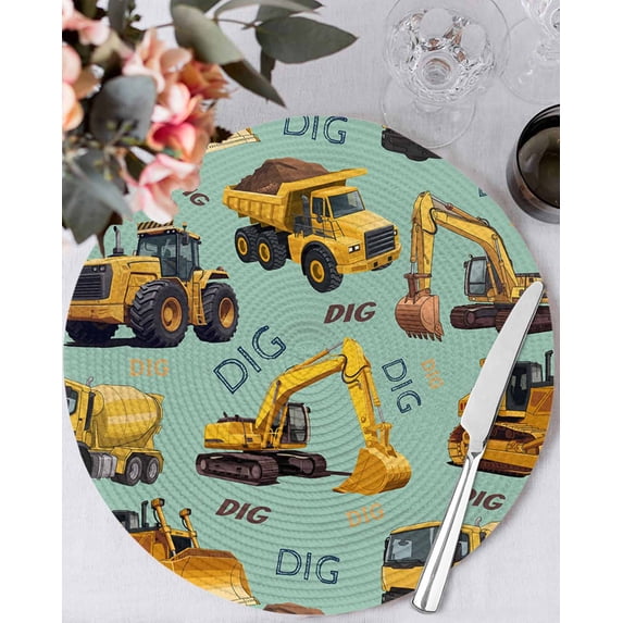 15 Inch Round Placemats Set of 4, Construction Truck Non Slip Heat Insulation PP Table Mats, Cartoon Grips and Bulldozers Green Washable Place Mats for Kitchen Dining Party Table Decor