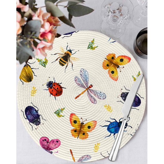 15 Inch Round Placemats Set of 4, Cute Butterfly Dragonfly Non Slip Heat Insulation PP Table Mats, Farmhouse Botanical Floral Beige Washable Place Mats for Kitchen Dining Party Table Decor
