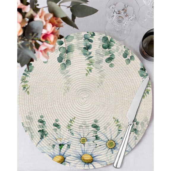 15 Inch Round Placemats Set of 4, Daisy Eucalyptus Leaves Non Slip Heat Insulation PP Table Mats, Rustic Weeping Botanical Linen Washable Place Mats for Kitchen Dining Party Table Decor