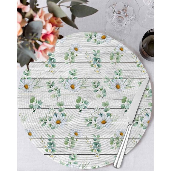 15 Inch Round Placemats Set of 4, Daisy Non Slip Heat Insulation PP Table Mats, Spring Floral Eucalyptus Leaves Botanical Gray Wood Washable Place Mats for Kitchen Dining Party Table Decor
