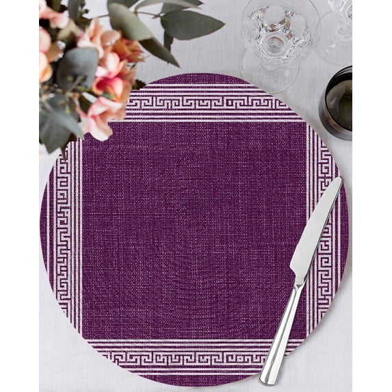 15 Inch Round Placemats Set of 4, Dark Purple Retro Greek Key Non Slip Heat Insulation PP Table Mats, Geometric Greece Ancient Farmhouse Washable Place Mats for Kitchen Dining Party Table Decor