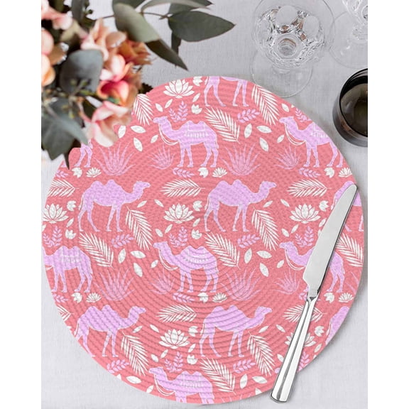 15 Inch Round Placemats Set of 4, Desert Camel Non Slip Heat Insulation PP Table Mats, Vintage Sand Camel Leaves Flower Pattern Pink Washable Place Mats for Kitchen Dining Party Table Decor