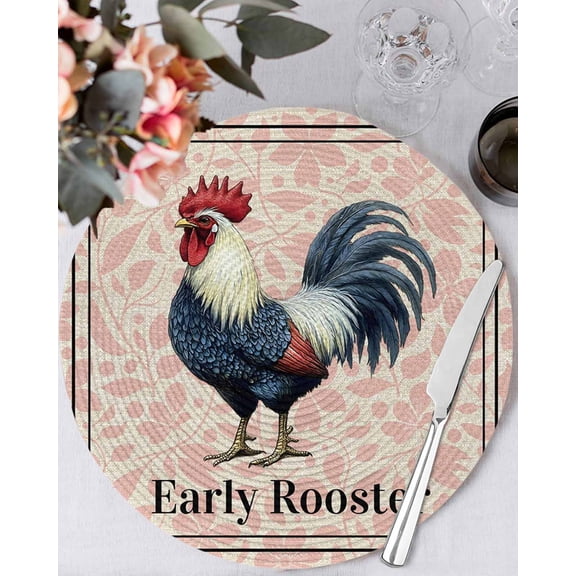 15 Inch Round Placemats Set of 4, Early Rooster Non Slip Heat Insulation PP Table Mats, Pink Spring Farmhouse Leaves Burlap Washable Place Mats for Kitchen Dining Party Table Decor