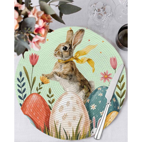 15 Inch Round Placemats Set of 4, Easter Bunny Eggs Non Slip Heat Insulation PP Table Mats, Spring Tulip Flowers Leaves Rustic Green Washable Place Mats for Kitchen Dining Party Table Decor
