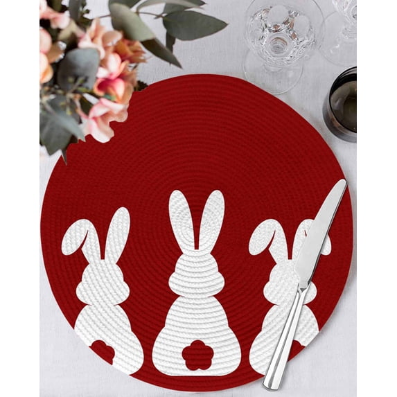 15 Inch Round Placemats Set of 4, Easter Bunny Non Slip Heat Insulation PP Table Mats, Cute Rabbit Family Vintage Red Abstract Washable Place Mats for Kitchen Dining Party Table Decor