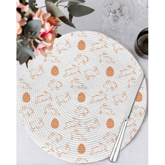 15 Inch Round Placemats Set of 4, Easter Eggs Non Slip Heat Insulation PP Table Mats, Cute Bunny Rabbits Cartoon Orange Washable Place Mats for Kitchen Dining Party Table Decor