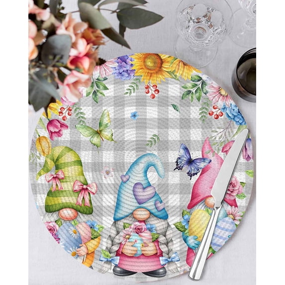 15 Inch Round Placemats Set of 4, Easter Gnomes Non Slip Heat Insulation PP Table Mats, Spring Floral Eggs Flowers Butterflies Gray Plaid Washable Place Mats for Kitchen Dining Party Table Decor
