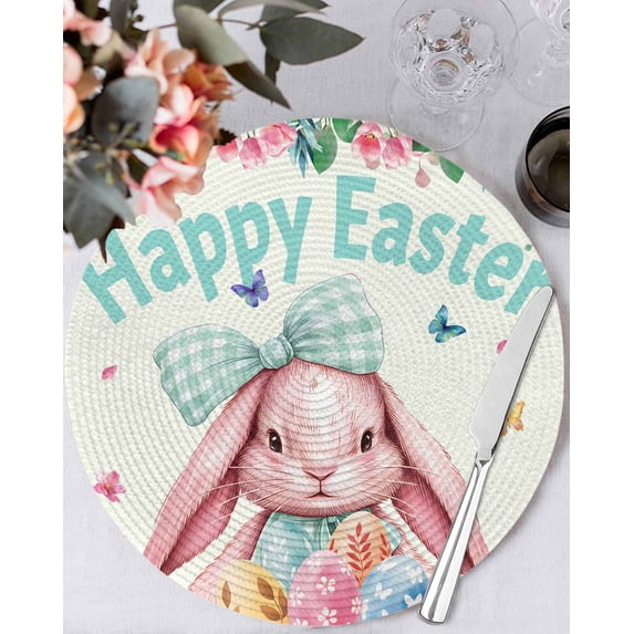 15 Inch Round Placemats Set of 4, Easter Non Slip Heat Insulation PP Table Mats, Cute Rabbits Eggs Flowers Leaf Butterflies Watercolor Washable Place Mats for Kitchen Dining Party Table Decor