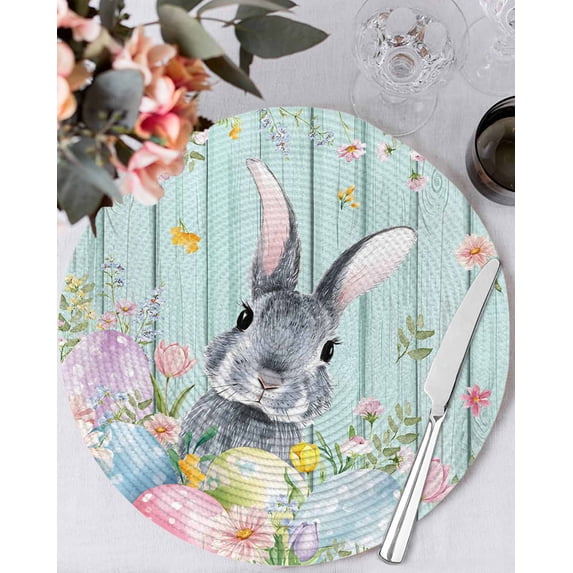 15 Inch Round Placemats Set of 4, Easter Non Slip Heat Insulation PP Table Mats, Farmhouse Spring Rabbit Eggs Flowers Leaf Wood Washable Place Mats for Kitchen Dining Party Table Decor