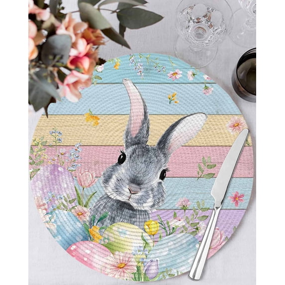 15 Inch Round Placemats Set of 4, Easter Non Slip Heat Insulation PP Table Mats, Spring Bunny Eggs Flowers Colorful Wooden Grain Washable Place Mats for Kitchen Dining Party Table Decor