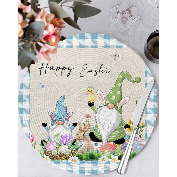 15 Inch Round Placemats Set of 4, Easter Non Slip Heat Insulation PP Table Mats, Spring Gnomes Bunny Butterfly Duck Floral Plaid Washable Place Mats for Kitchen Dining Party Table Decor