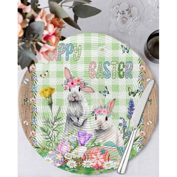 15 Inch Round Placemats Set of 4, Easter Non Slip Heat Insulation PP Table Mats, Spring Rabbit Botanical Flowers Eggs Plaid Washable Place Mats for Kitchen Dining Party Table Decor