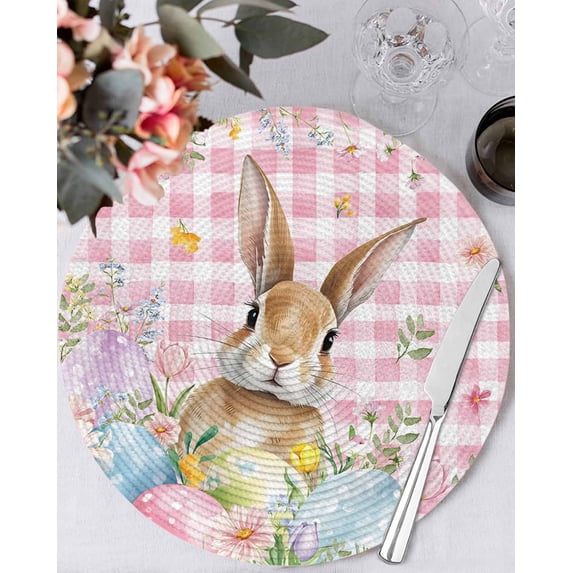15 Inch Round Placemats Set of 4, Easter Non Slip Heat Insulation PP Table Mats, Spring Rabbit Eggs Nature Botanicals Pink Plaid Washable Place Mats for Kitchen Dining Party Table Decor