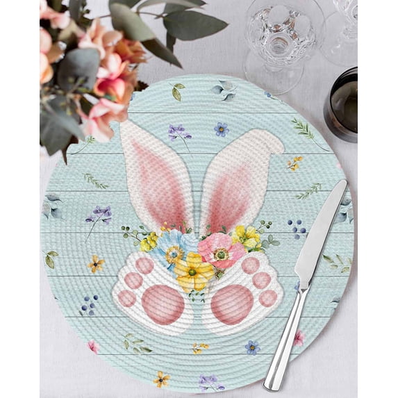 15 Inch Round Placemats Set of 4, Easter Non Slip Heat Insulation PP Table Mats, Spring Rabbits Ears Feet Flowers Wooden Grain Washable Place Mats for Kitchen Dining Party Table Decor