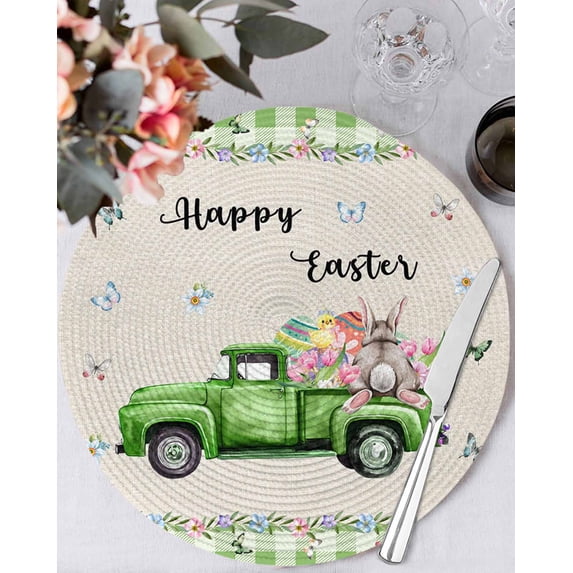 15 Inch Round Placemats Set of 4, Easter Non Slip Heat Insulation PP Table Mats, Spring Truck Rabbit Flowers Eggs Green Check Washable Place Mats for Kitchen Dining Party Table Decor