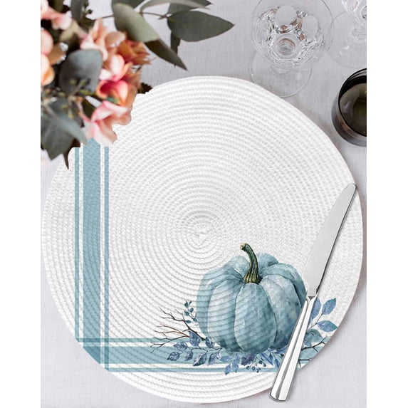 15 Inch Round Placemats Set of 4, Fall Non Slip Heat Insulation PP Table Mats, Blue Pumpkin Thanksgiving Autumn Stripe Leaf Washable Place Mats for Kitchen Dining Party Table Decor