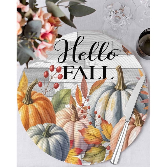 15 Inch Round Placemats Set of 4, Fall Non Slip Heat Insulation PP Table Mats, Thanksgiving Pink Orange Blue Pumpkin Grey Wooden Washable Place Mats for Kitchen Dining Party Table Decor