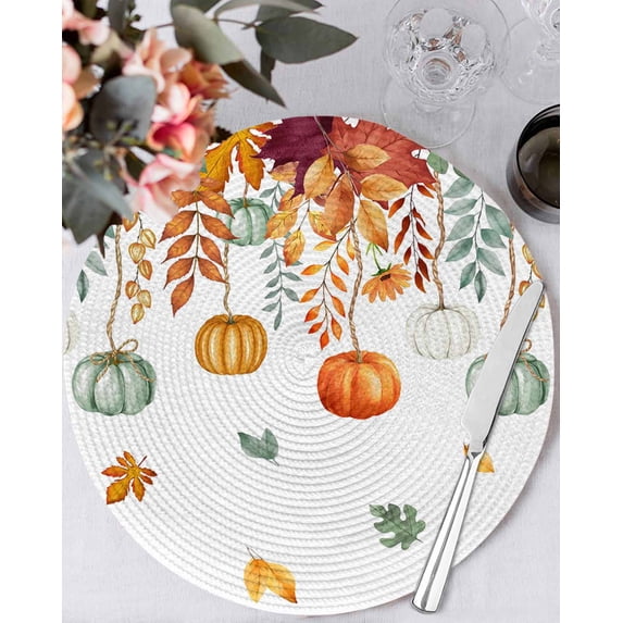 15 Inch Round Placemats Set of 4, Fall Orange Green Pumpkins Non Slip Heat Insulation PP Table Mats, Thanksgiving Maple Leaf Washable Place Mats for Kitchen Dining Party Table Decor