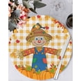 thumbnail image 1 of 15 Inch Round Placemats Set of 4, Fall Pumpkins Non Slip Heat Insulation PP Table Mats, Straw Man Thanksgiving Leaves Orange Check Washable Place Mats for Kitchen Dining Party Table Decor, 1 of 7