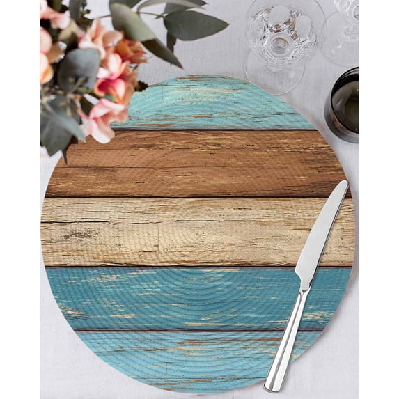 15 Inch Round Placemats Set of 4, Farmhouse Light Blue Brown Non Slip Heat Insulation PP Table Mats, Vintage Wooden Striped Washable Place Mats for Kitchen Dining Party Table Decor