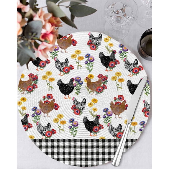 15 Inch Round Placemats Set of 4, Farmhouse Rooster Non Slip Heat Insulation PP Table Mats, Country Watercolor Flowers Black Plaid Washable Place Mats for Kitchen Dining Party Table Decor