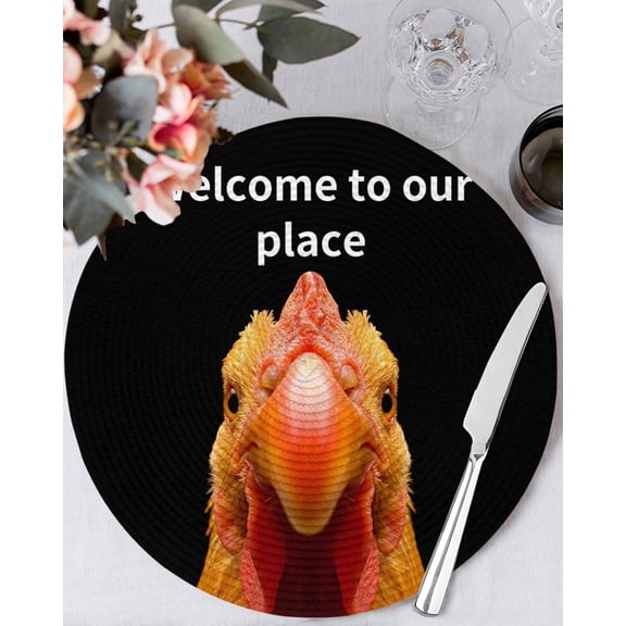 15 Inch Round Placemats Set of 4, Funny Chicken Non Slip Heat Insulation PP Table Mats, Welcome To OUR Place Modern Retro Washable Place Mats for Kitchen Dining Party Table Decor