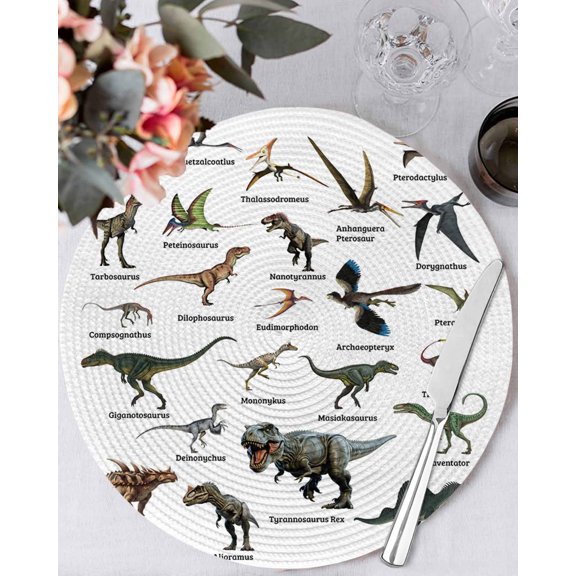 15 Inch Round Placemats Set of 4, Funny Dinosaurs Non Slip Heat Insulation PP Table Mats, Primitive Natural Wild Animals Names Washable Place Mats for Kitchen Dining Party Table Decor