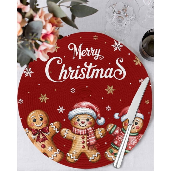 15 Inch Round Placemats Set of 4, Gingerbread Red Non Slip Heat Insulation PP Table Mats, Christmas Winter Snowflake Washable Place Mats for Kitchen Dining Party Table Decor