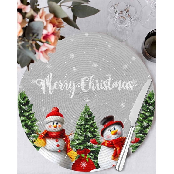 15 Inch Round Placemats Set of 4, Gray Christmas Snowman Non Slip Heat Insulation PP Table Mats, Winter Snowflake Pine Tree Washable Place Mats for Kitchen Dining Party Table Decor