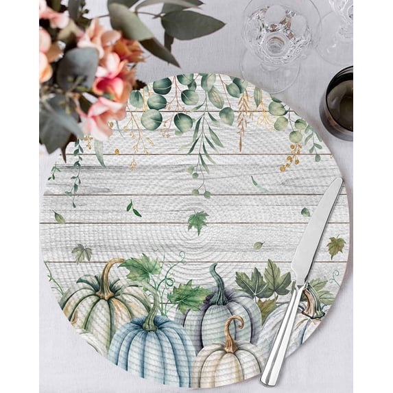 15 Inch Round Placemats Set of 4, Green Blue Pumpkins Fall Non Slip Heat Insulation PP Table Mats, Thanksgiving Eucalyptus Leaves Vintage Washable Place Mats for Kitchen Dining Party Table Decor