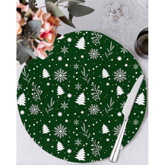 15 Inch Round Placemats Set of 4, Green Christmas Non Slip Heat Insulation PP Table Mats, Xmas Tree Snowflakes Winter Holiday Washable Place Mats for Kitchen Dining Party Table Decor