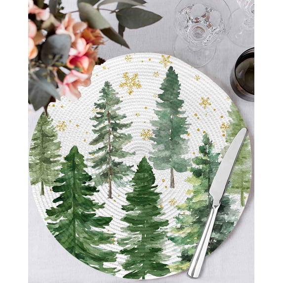 15 Inch Round Placemats Set of 4, Green Christmas Tree Non Slip Heat Insulation PP Table Mats, Winter Watercolor Gold Snowflakes Washable Place Mats for Kitchen Dining Party Table Decor