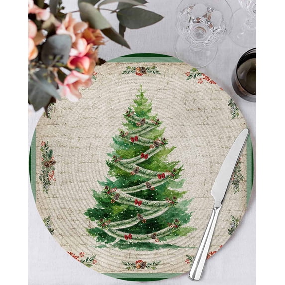 15 Inch Round Placemats Set of 4, Green Christmas Tree Non Slip Heat Insulation PP Table Mats, Xmas Botanical Berry Snowflake Washable Place Mats for Kitchen Dining Party Table Decor