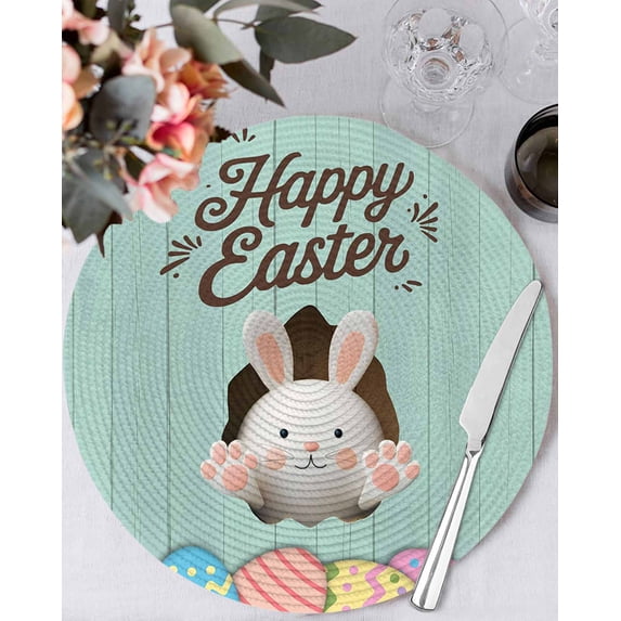 15 Inch Round Placemats Set of 4, Green Easter Non Slip Heat Insulation PP Table Mats, Spring Cartoon Bunny Colorful Eggs Wood Grain Washable Place Mats for Kitchen Dining Party Table Decor