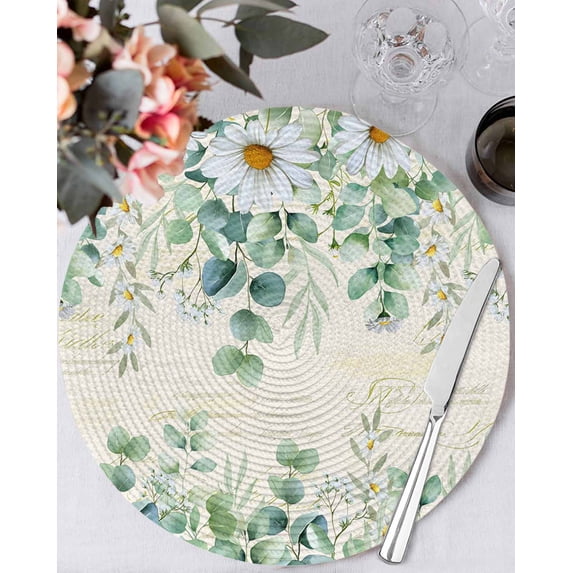 15 Inch Round Placemats Set of 4, Green Eucalyptus Leaves Non Slip Heat Insulation PP Table Mats, Spring Daily Flowers Plants Beige Washable Place Mats for Kitchen Dining Party Table Decor