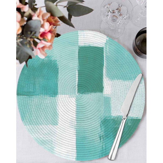 15 Inch Round Placemats Set of 4, Green Geometric Non Slip Heat Insulation PP Table Mats, Watercolor Ombre Modern Abstract Art Washable Place Mats for Kitchen Dining Party Table Decor
