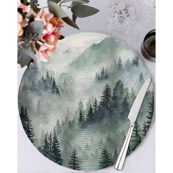 15 Inch Round Placemats Set of 4, Green Mountain Non Slip Heat Insulation PP Table Mats, Misty Forest Nature Woodland Pine Tree Landscape Washable Place Mats for Kitchen Dining Party Table Decor