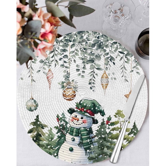 15 Inch Round Placemats Set of 4, Green Snowman Christmas Non Slip Heat Insulation PP Table Mats, Eucalyptus Leaves Xmas Snowflake Washable Place Mats for Kitchen Dining Party Table Decor