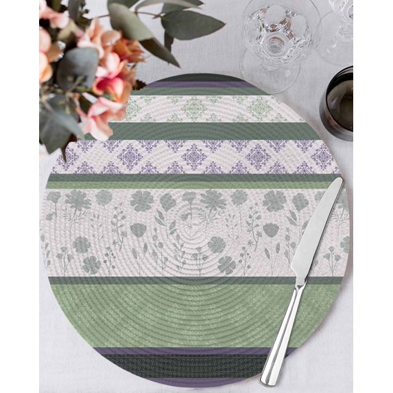 15 Inch Round Placemats Set of 4, Green Stripes Abstract Non Slip Heat Insulation PP Table Mats, Geometric Spring Flowers Rustic Washable Place Mats for Kitchen Dining Party Table Decor