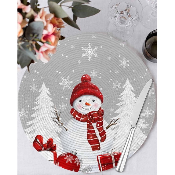 15 Inch Round Placemats Set of 4, Grey Christmas Non Slip Heat Insulation PP Table Mats, Snowman Gifts Xmas Tree Winter Snowflake Washable Place Mats for Kitchen Dining Party Table Decor