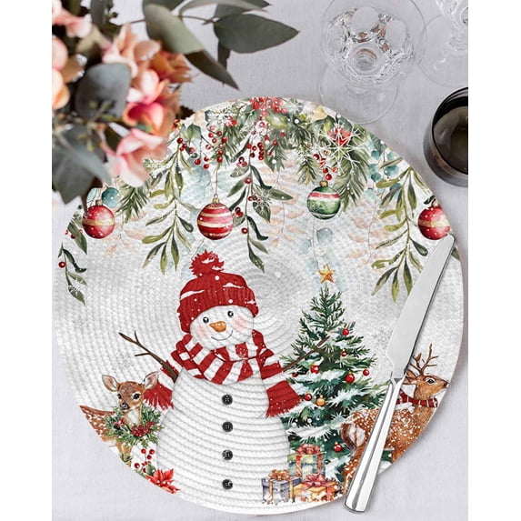 15 Inch Round Placemats Set of 4, Grey Christmas Non Slip Heat Insulation PP Table Mats, Snowman Xmas Tree Elk Poinsettia Eucalyptus Washable Place Mats for Kitchen Dining Party Table Decor